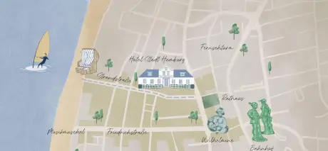 Karte mit Ortshinweisen zu Hotel Stadt Hamburg in Westerland.